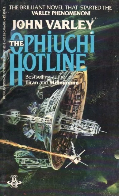 A vintage science fiction book cover for 'The Ophiuchi Hotline' by John Varley, featuring a large, intricate spaceship…