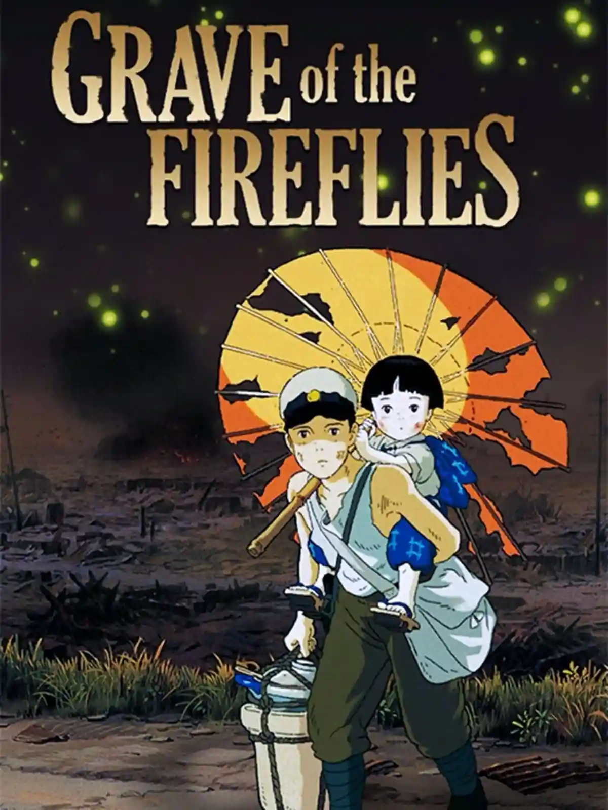 The image is a movie poster for 'Grave of the Fireflies,' showing two children, a boy carrying a younger girl on his back…