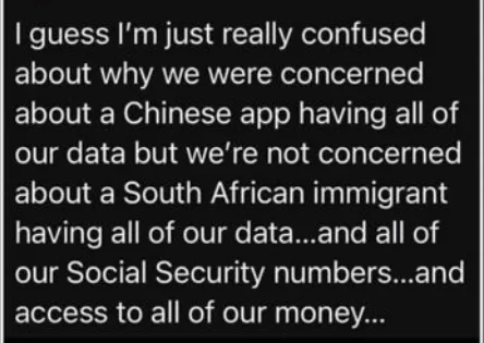 A black background with white text displays a sarcastic monologue questioning the inconsistency in public concern over data…