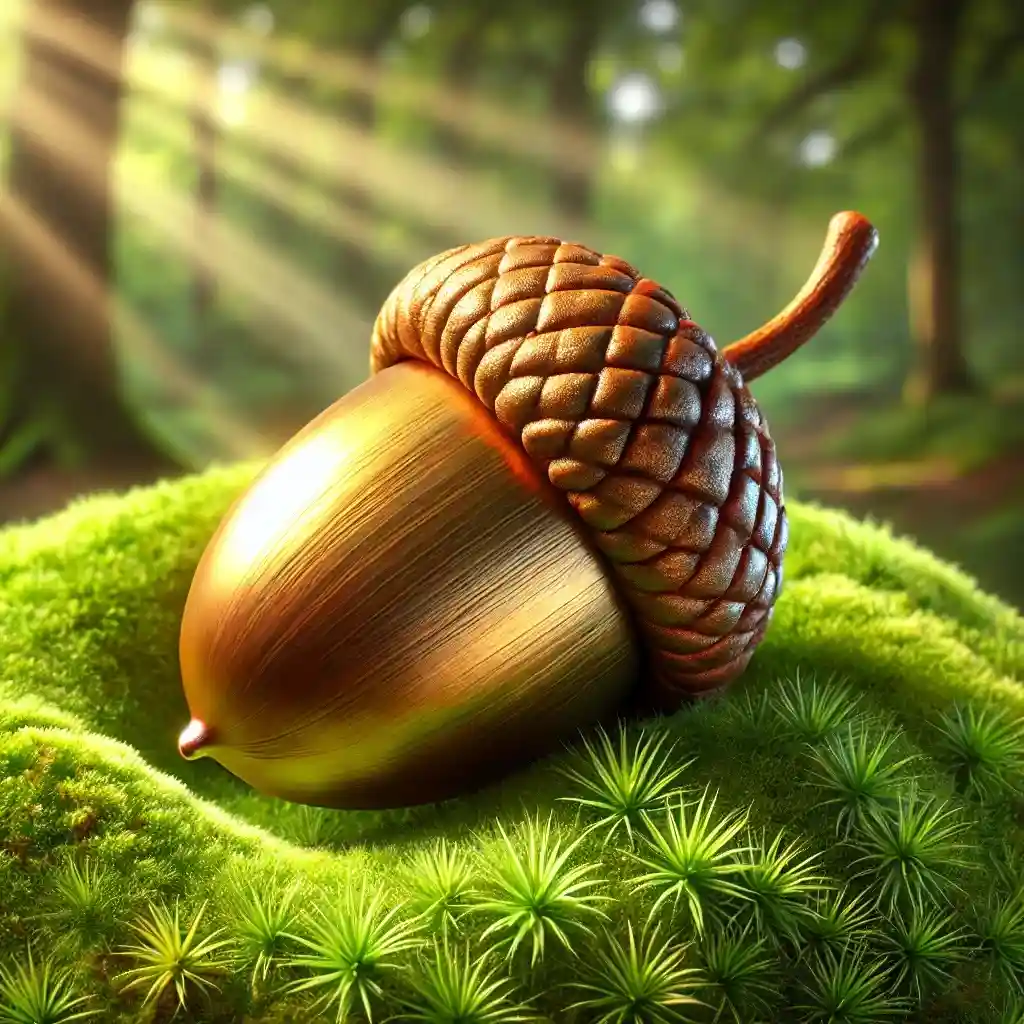 A highly detailed, photorealistic image of a single acorn resting on vibrant green moss in a sun-dappled forest. The acorn…