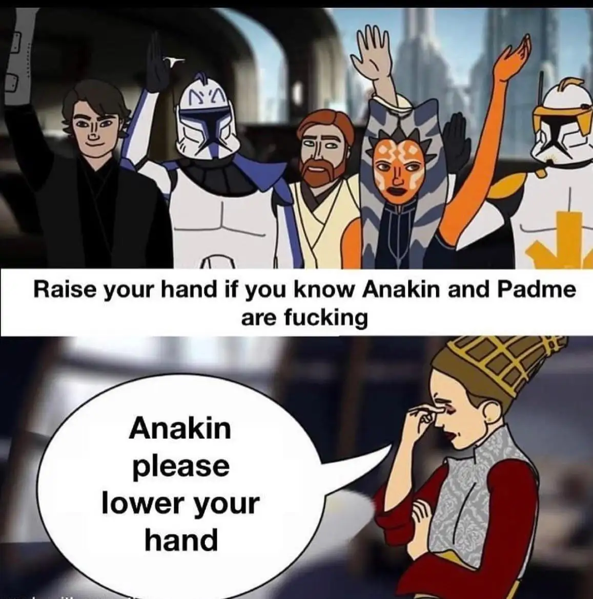The top panel shows several Star Wars characters, including Anakin Skywalker, raising their hands in response to a poll. The…