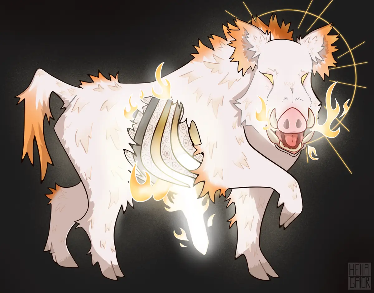 a stylized white boar with orange-tipped fur and glowing yellow eyes stands against a dark background, radiating golden…