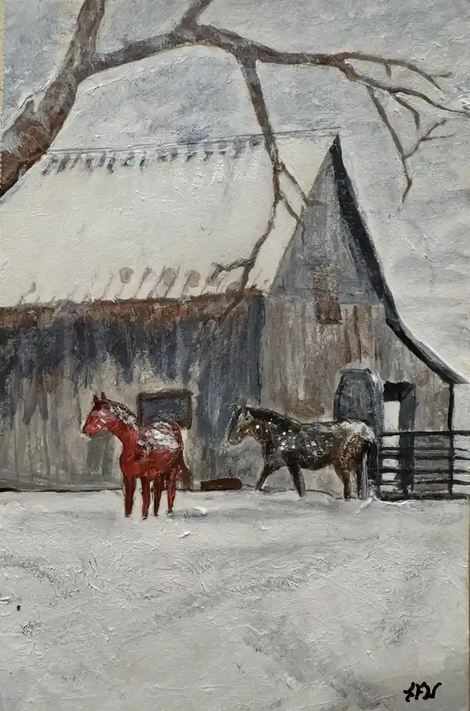 A snowy painting depicts two horses standing outside a barn; one is red and the other is dark brown, both dusted with snow…