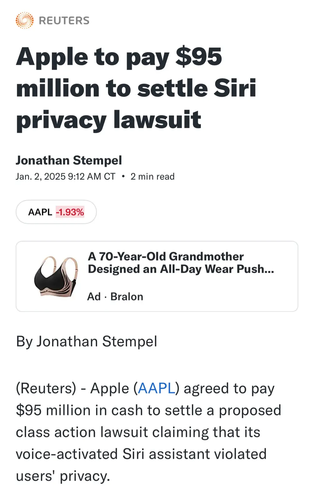 A screenshot of a Reuters news article from January 2, 2025, with the headline 'Apple to pay $95 million to settle Siri…
