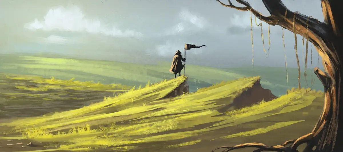 A lone figure in a cloak stands atop a grassy hill, holding a tattered flag, framed by the gnarled branches of a tree. The…