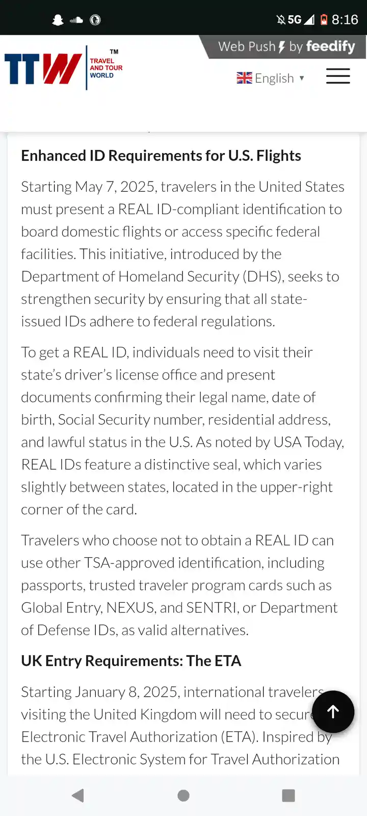 A screenshot of a webpage from Travel and Tour World detailing U.S. REAL ID requirements for domestic flights starting May…