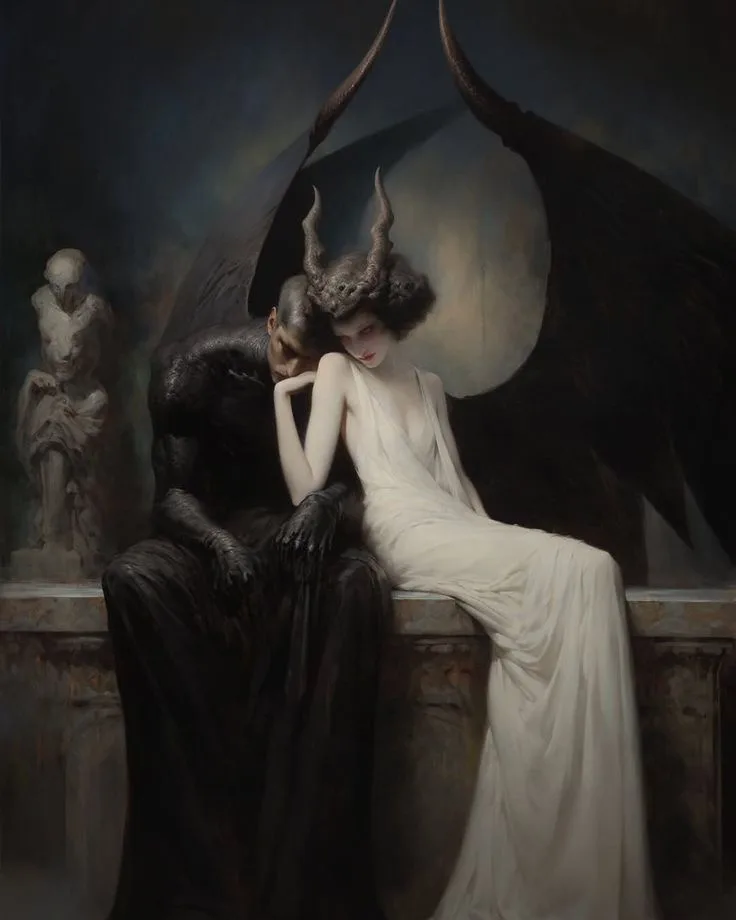 A dark, romantic painting depicts a demonic figure with large black wings and horns embracing a pale, horned woman in a…