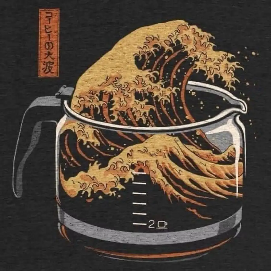 A stylized illustration shows the iconic wave from Hokusai's 'The Great Wave off Kanagawa' overflowing from a transparent…