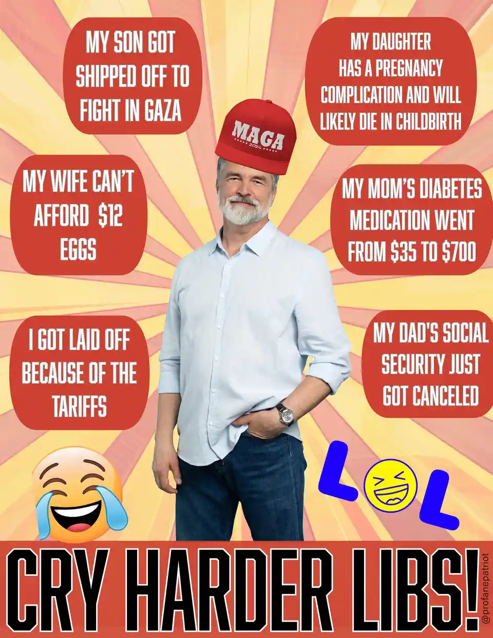 A man wearing a red 'MAGA 2024' cap stands calmly against a sunburst background, surrounded by six red text boxes listing…