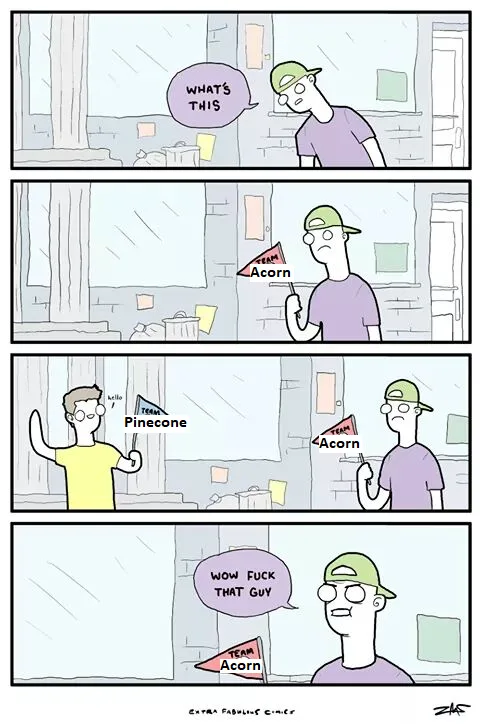 A four-panel comic strip shows a man in a green cap holding a triangular flag labeled 'TEAM Acorn' and asking 'WHAT'S THIS'…