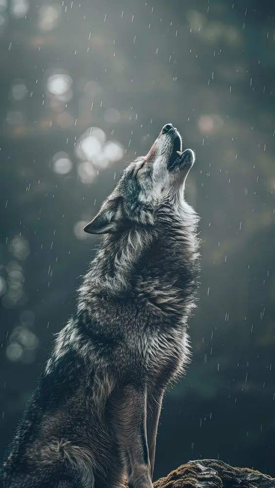 A wolf is shown in profile, sitting on a rock and howling upward with its mouth open, as rain falls around it. The…
