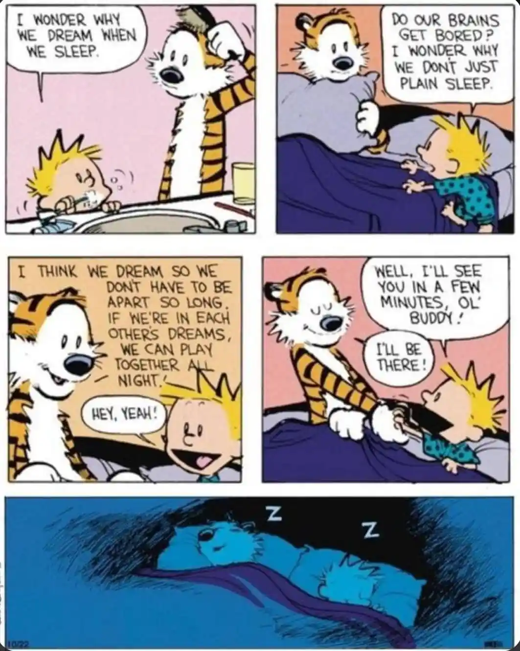 A four-panel Calvin and Hobbes comic strip where Calvin and his tiger friend Hobbes discuss why they dream. Calvin initially…