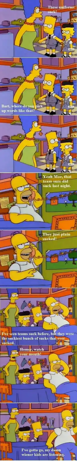A six-panel Simpsons comic strip shows Marge criticizing Bart for saying 'these uniforms suck,' prompting her to ask where…
