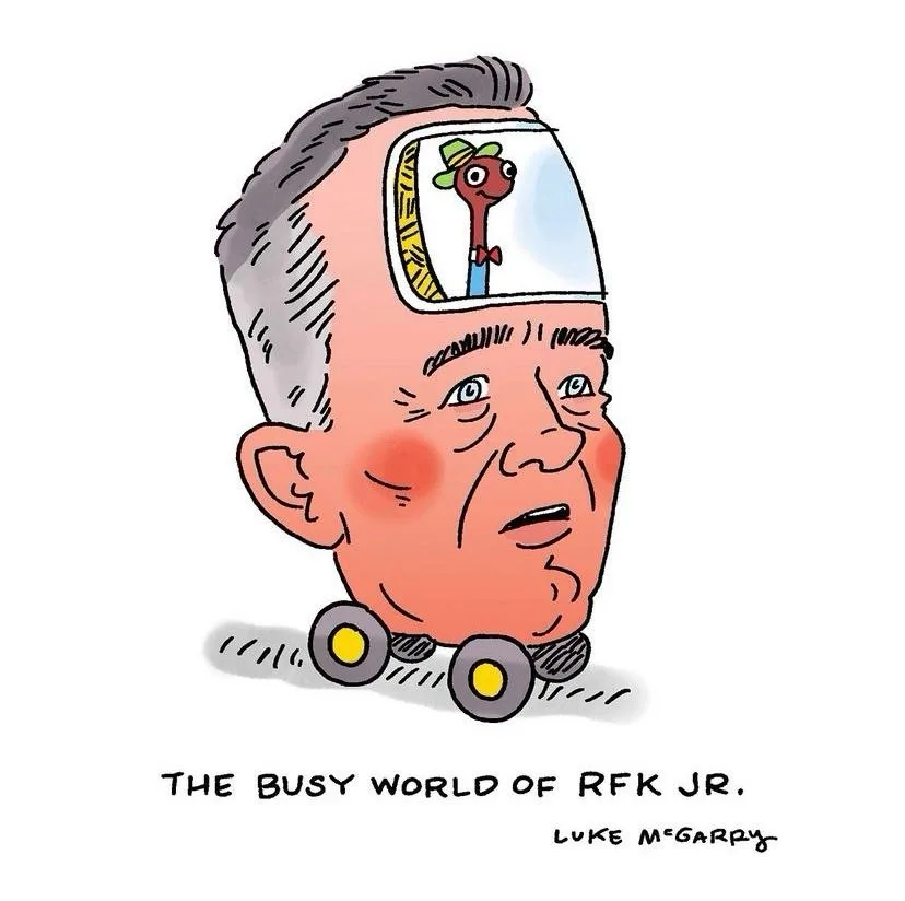 A cartoon caricature of Robert F. Kennedy Jr. with his head transformed into a toy car, featuring wheels and a transparent…