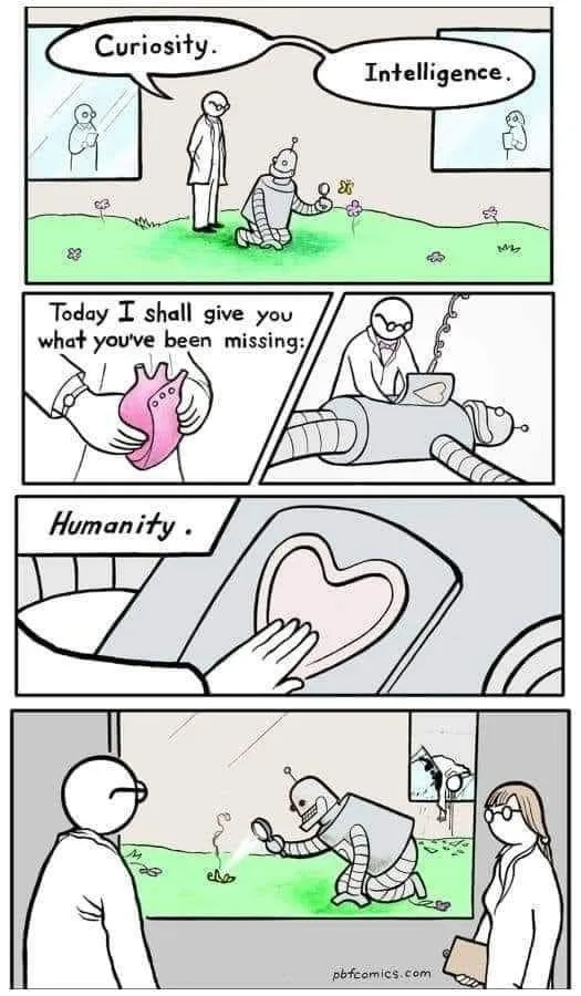 A four-panel comic depicts a robot kneeling to examine a flower, with a scientist observing. The scientist tells the robot…