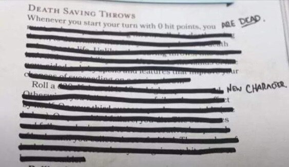 A close-up of a Dungeons & Dragons rule sheet titled 'DEATH SAVING THROWS' with most of the text crossed out in black…