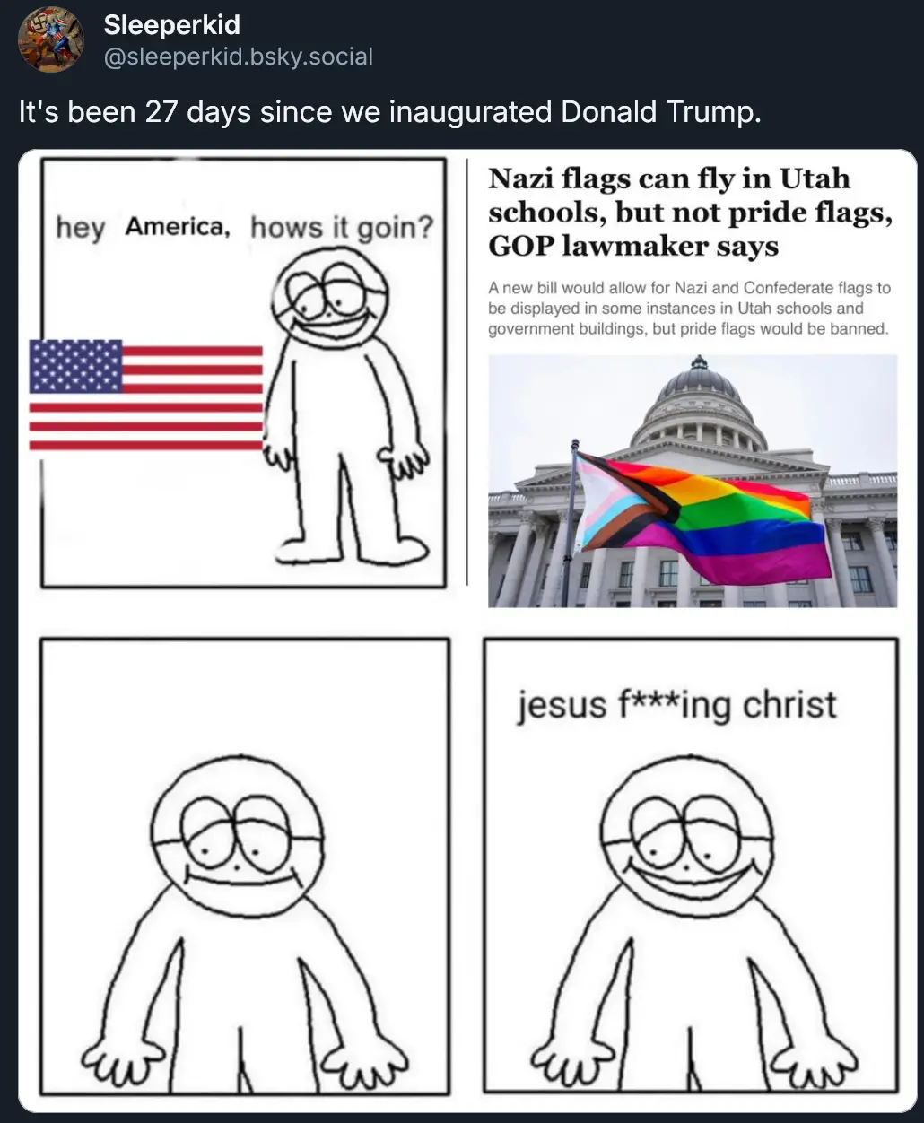 A four-panel meme featuring a simple stick-figure character with large eyes. In the first panel, the character asks 'hey…