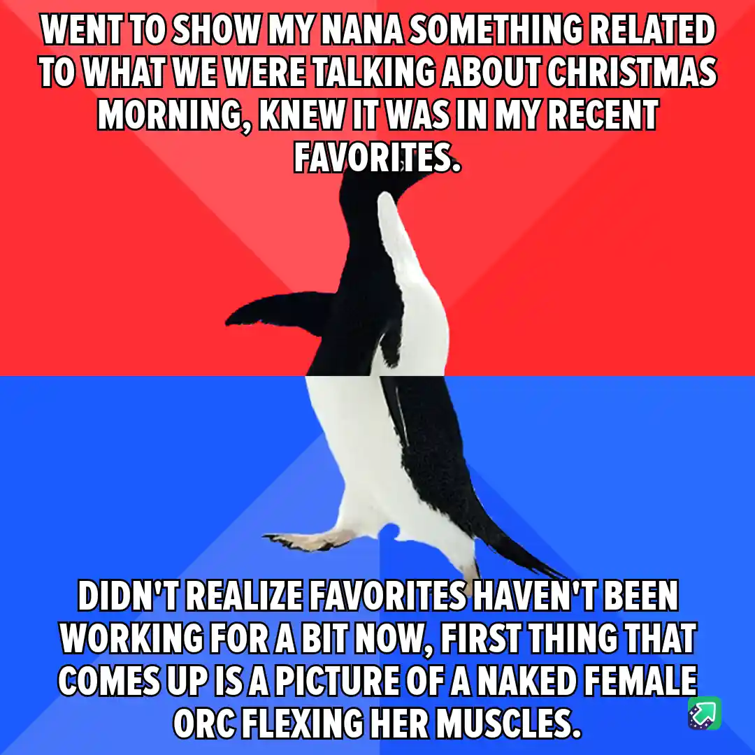 A penguin stands upright against a red and blue background, with white text overlaid in two sections. The top text reads…
