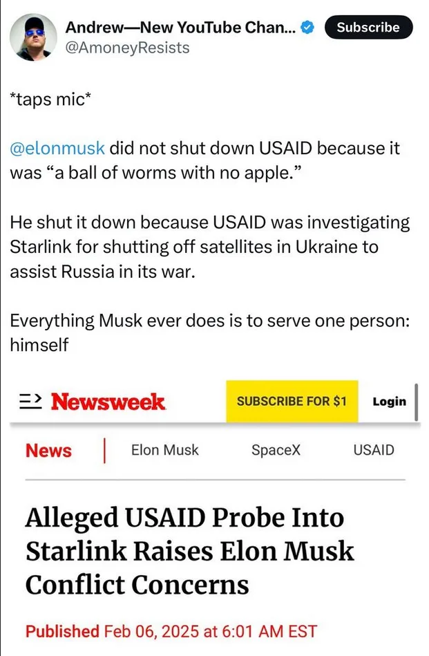 A screenshot of a YouTube video description mimicking a news report, claiming Elon Musk shut down USAID not for its…