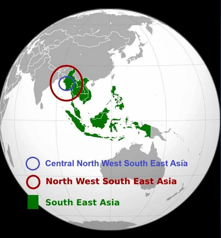 A globe map highlights Southeast Asia in green. A blue circle labeled 'Central North West South East Asia' encloses a small…