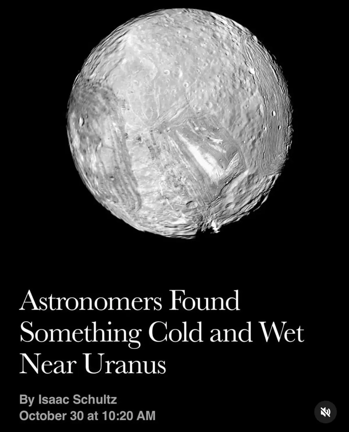 A black-and-white image of a cratered, icy moon against a black background, overlaid with text mimicking a news article…