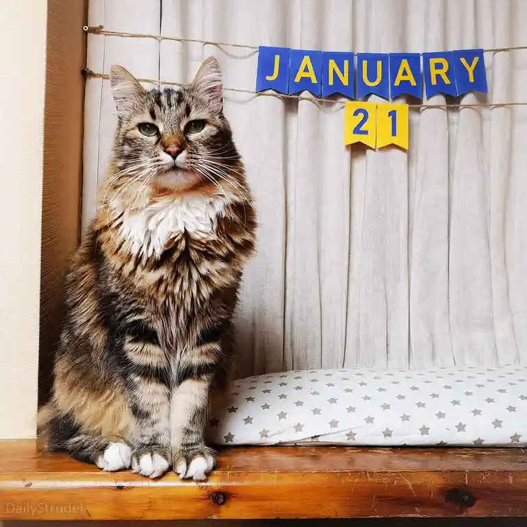 A fluffy tabby cat with green eyes sits regally on a wooden windowsill, looking directly at the camera with a serious…