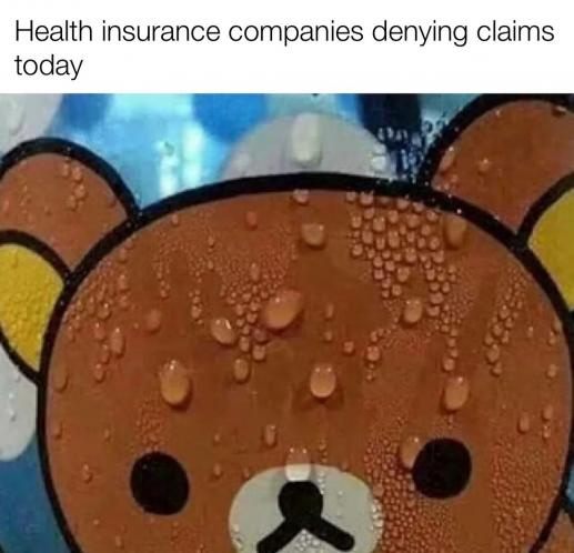 A close-up of a cartoon bear with water droplets on its face, resembling a sweating or crying expression. The overlaid text…