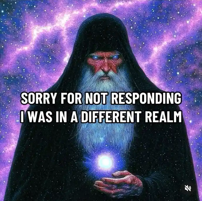 A cosmic, hooded figure with glowing blue eyes and a long white beard stands against a vibrant purple and blue starfield…