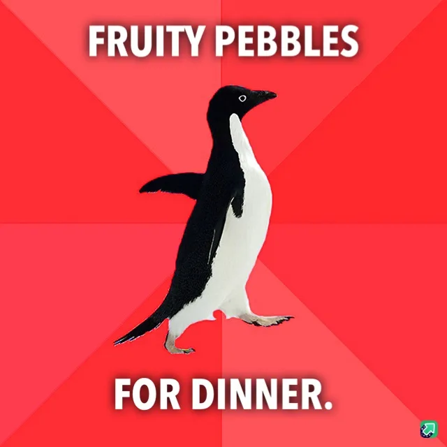 A black-and-white penguin stands centered against a red background with diagonal stripes. White bold text at the top reads…