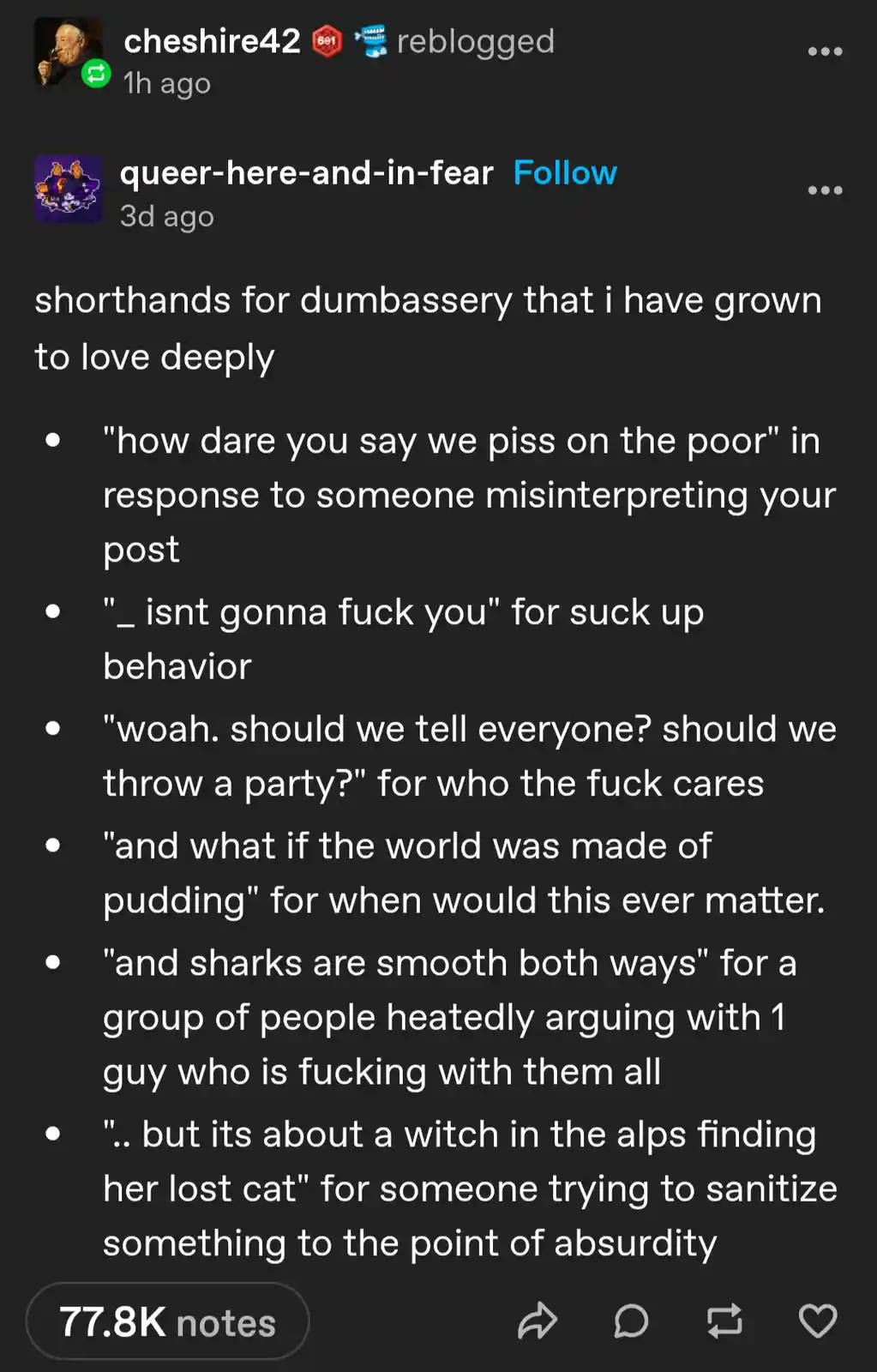 A screenshot of a Tumblr post listing humorous internet slang phrases used to sarcastically respond to foolish or absurd…