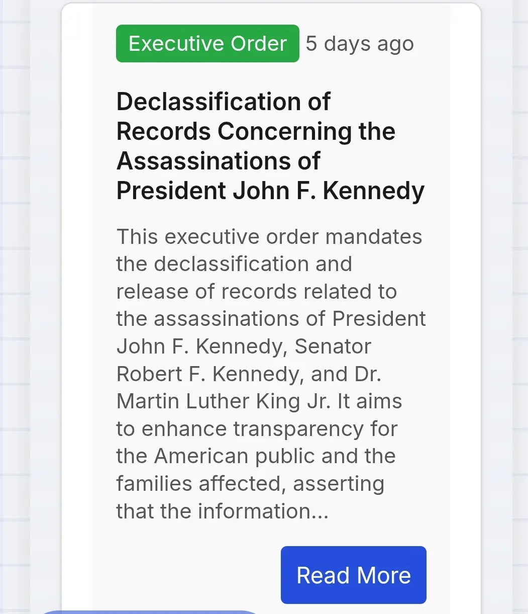 An image mimicking a government executive order titled 'Declassification of Records Concerning the Assassinations of…