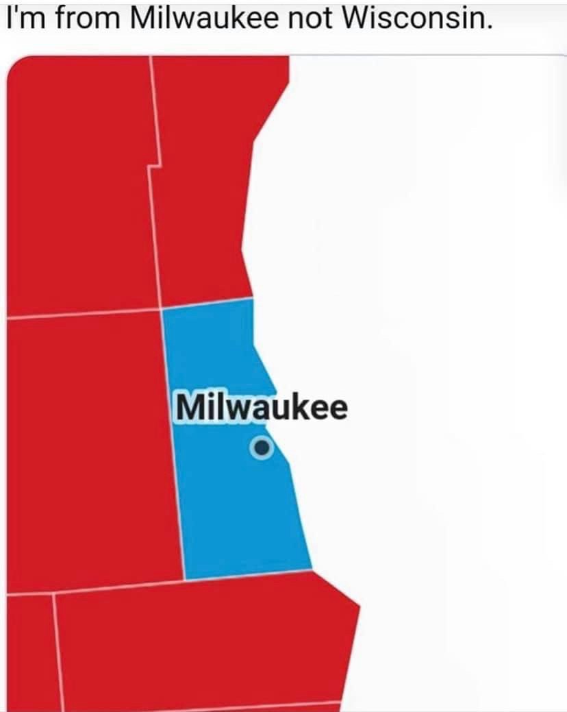 A stylized map of Wisconsin is shown, with most of the state colored red and a small, distinct blue section in the southeast…