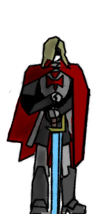 A crudely drawn, pixel-art style character with blonde hair, a red cape, and a grey outfit stands holding a glowing blue…