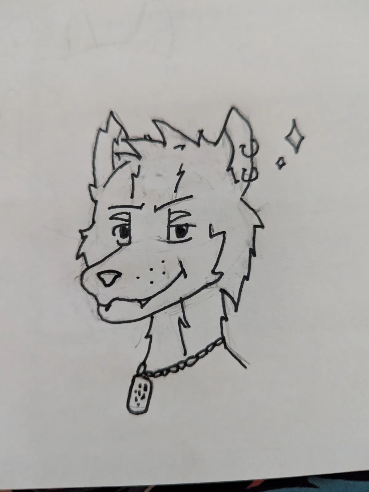 A hand-drawn black-and-white sketch of an anthropomorphic wolf or dog with a cheerful, slightly smug expression, wearing a…