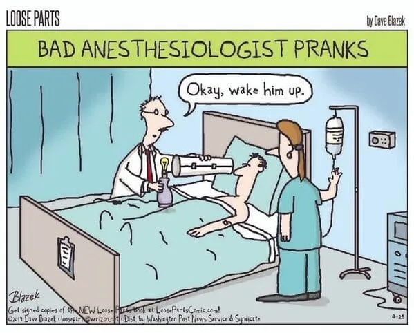 A cartoon depicts a patient in a hospital bed, shirtless and under anesthesia, while a doctor holds a syringe and a nurse…
