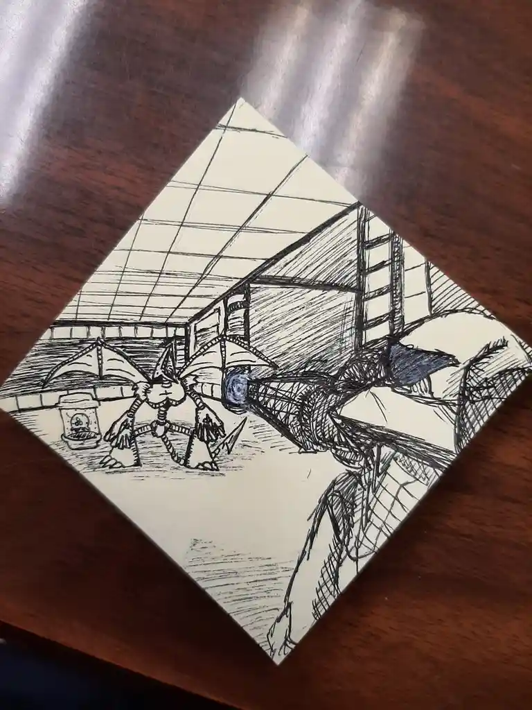 A hand-drawn sketch on paper, rotated 45 degrees, depicts a cartoonish dragon-like creature with bat-like wings and a long…
