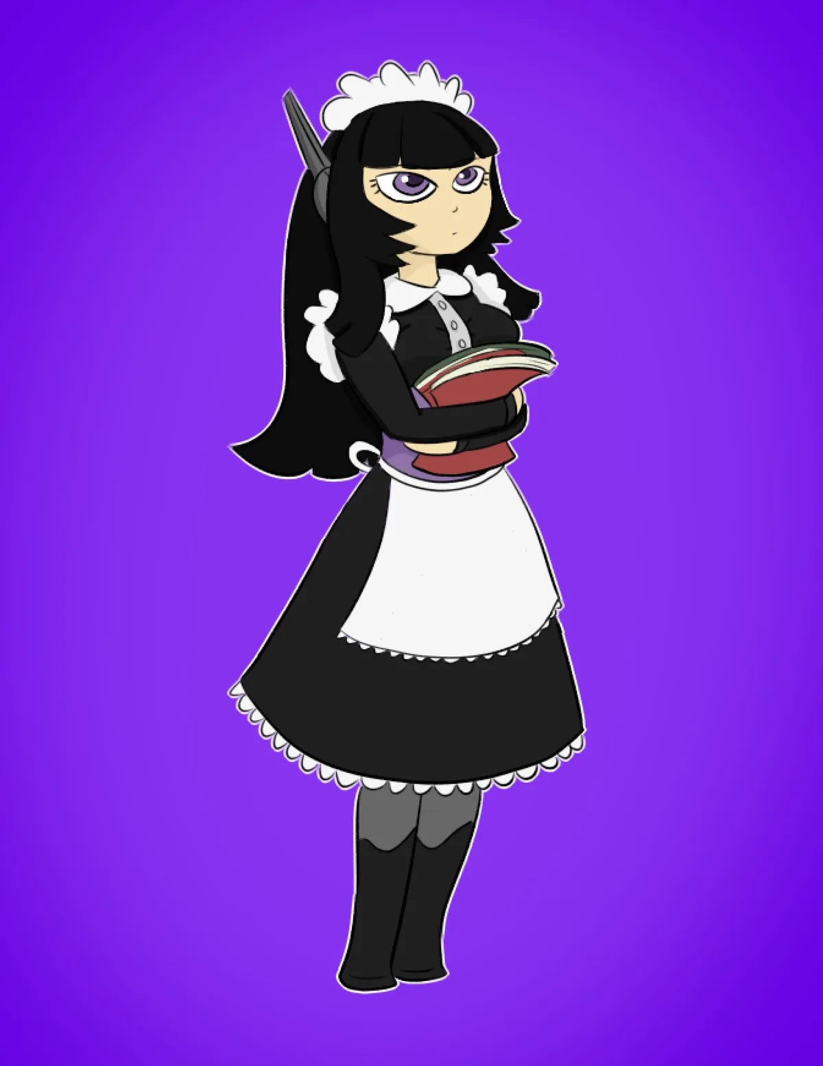 An anime-style girl with black hair and purple eyes, wearing a black and white maid outfit with a white frilly headpiece and…