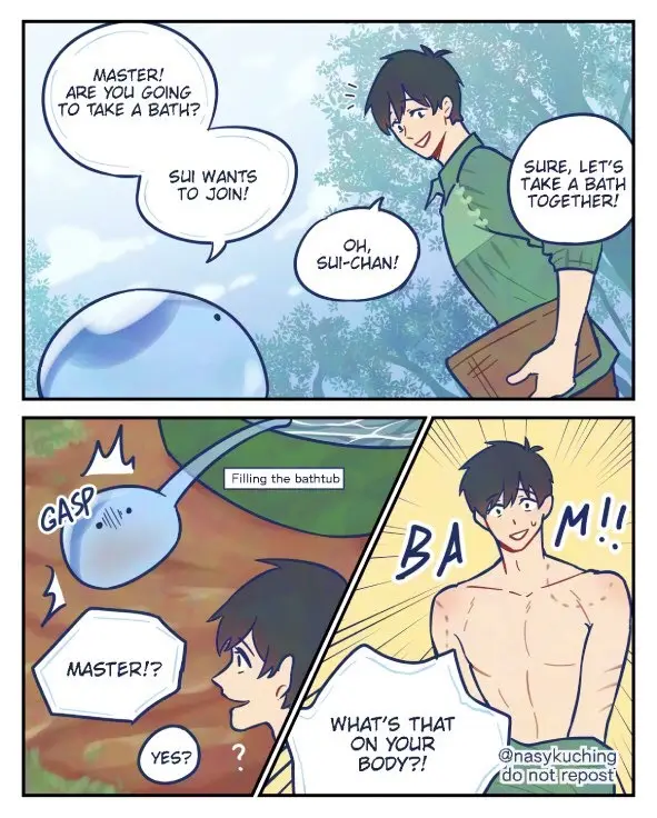A two-panel comic shows a character excitedly agreeing to take a bath with another character, Sui. In the second panel…
