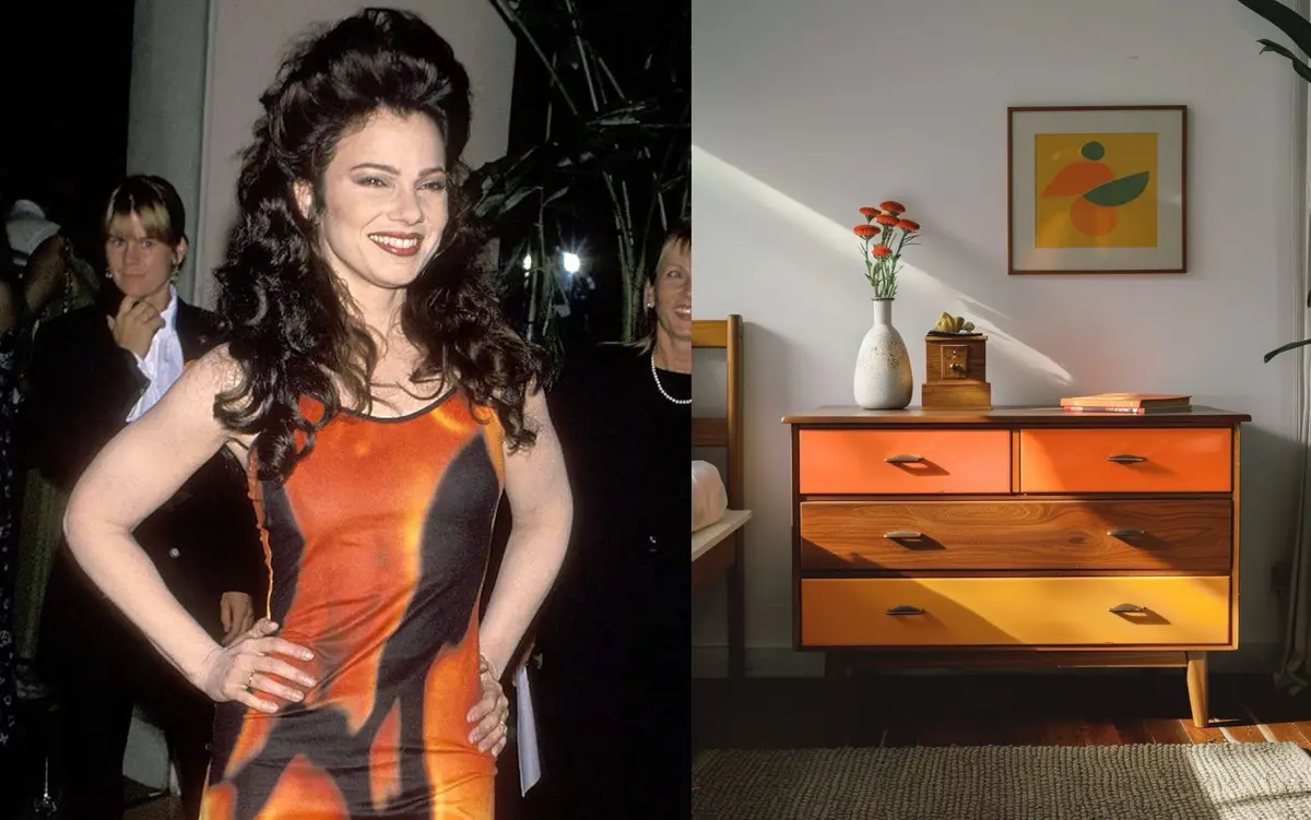 The image is a split-screen: left side shows Linda Hamilton smiling in a vibrant orange and black dress with voluminous hair…