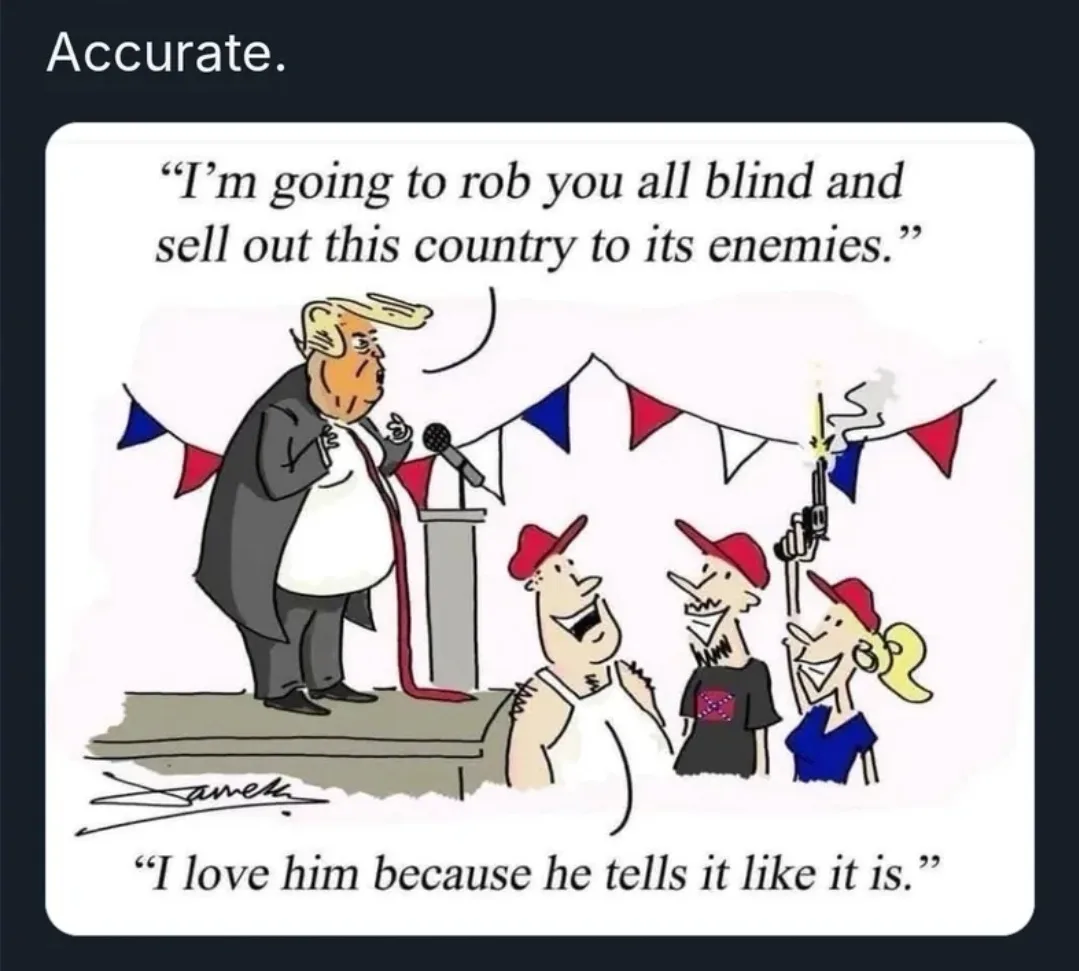 A cartoon depicts a caricature of Donald Trump speaking at a podium with red, white, and blue bunting, while three smiling…