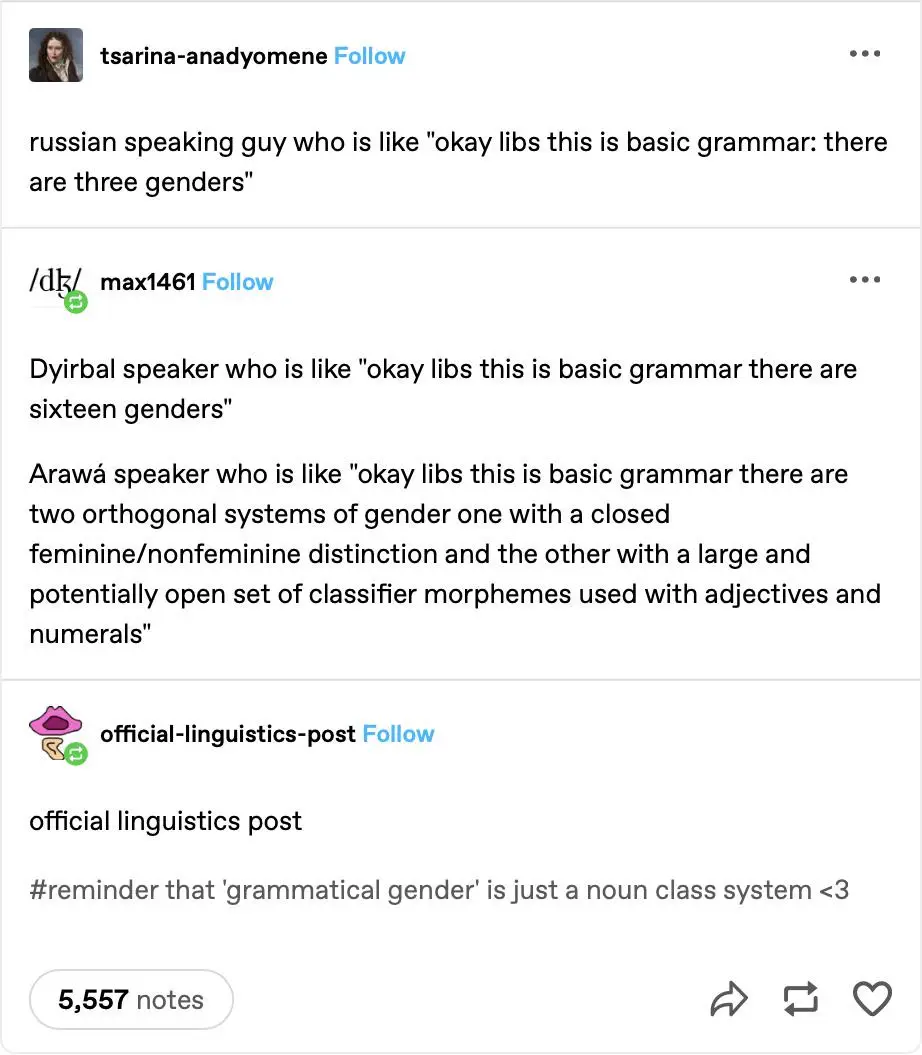 A screenshot of a social media thread showing a Russian-speaking person stating there are three grammatical genders…