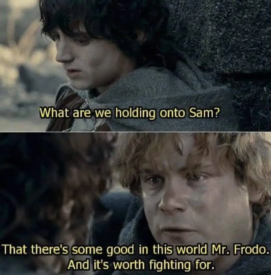 The image is a two-panel meme from 'The Lord of the Rings' featuring Frodo Baggins looking weary and questioning Samwise…