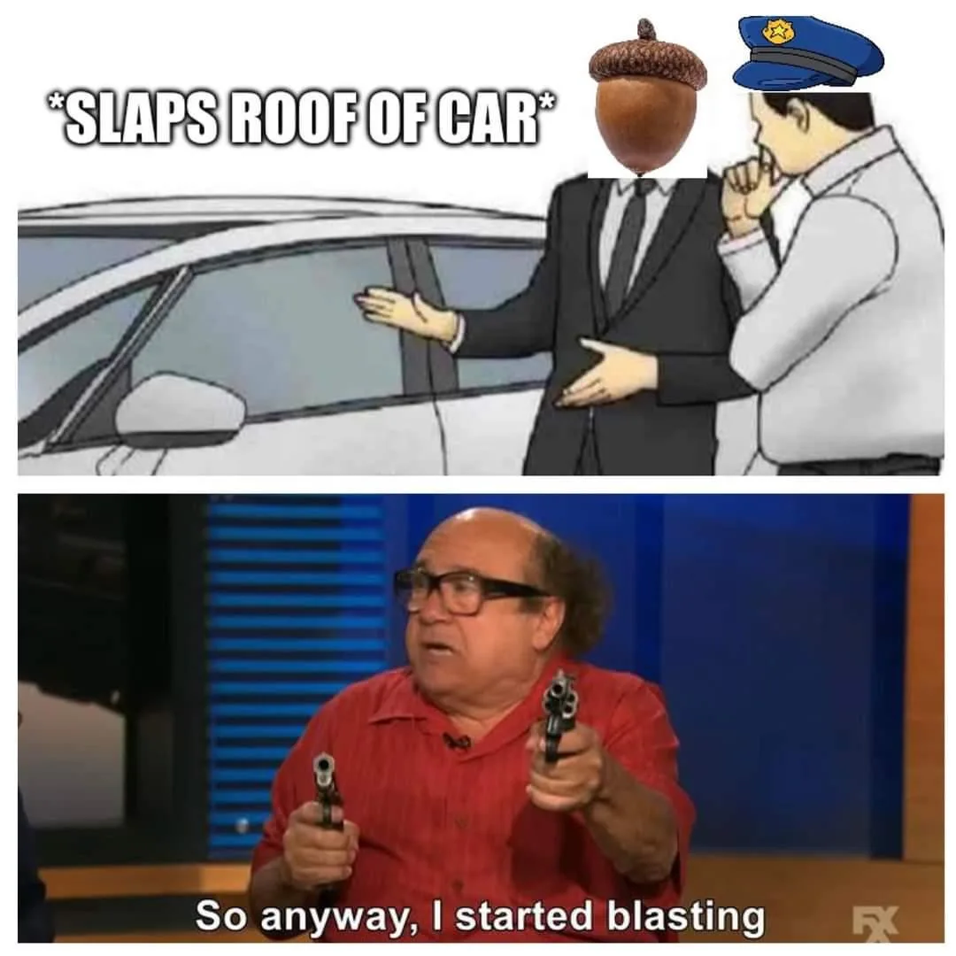 Top panel: A cartoon man in a suit slaps the roof of a car while a police officer watches, with an acorn and police hat…