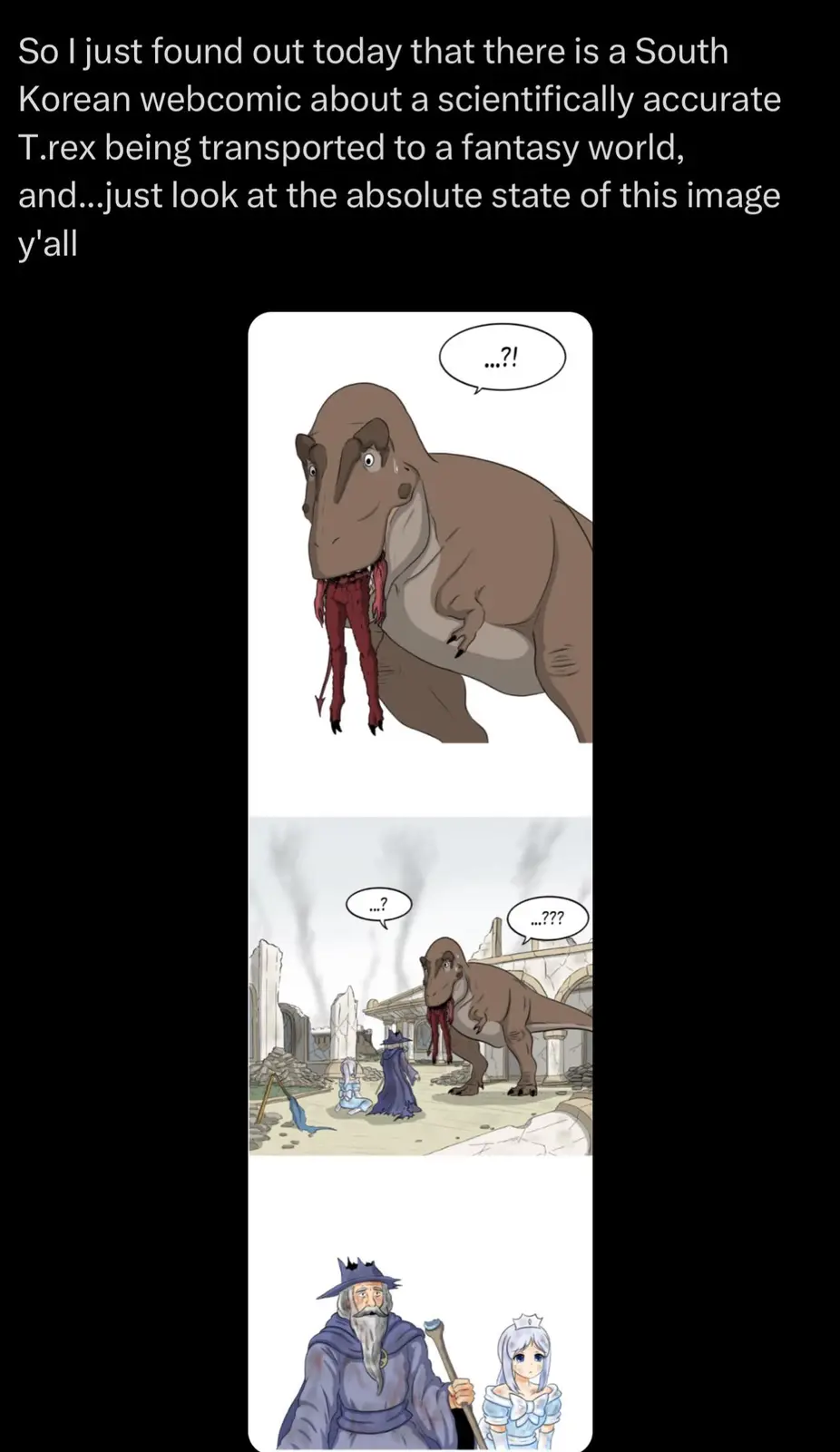 The image is a three-panel comic strip. The top panel shows a brown T.rex with a confused expression, wearing red pants and…