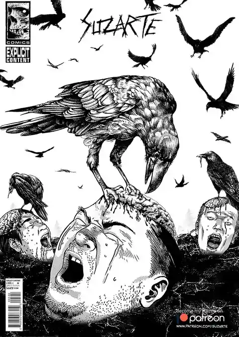 A black-and-white comic book cover by Suzarte featuring a large, detailed crow perched atop a screaming human head, with…