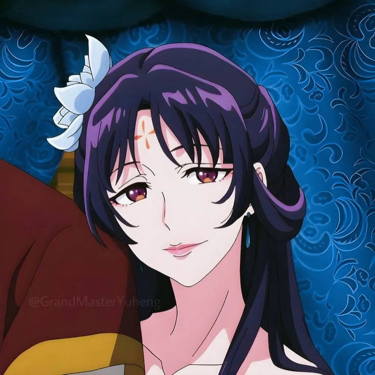 An anime-style illustration of a woman with dark purple hair, a white bow, and purple eyes, looking at the viewer with a…