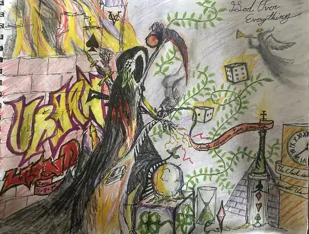 A colorful, chaotic hand-drawn sketch depicts a large, dark figure resembling the Grim Reaper holding a scythe, surrounded…