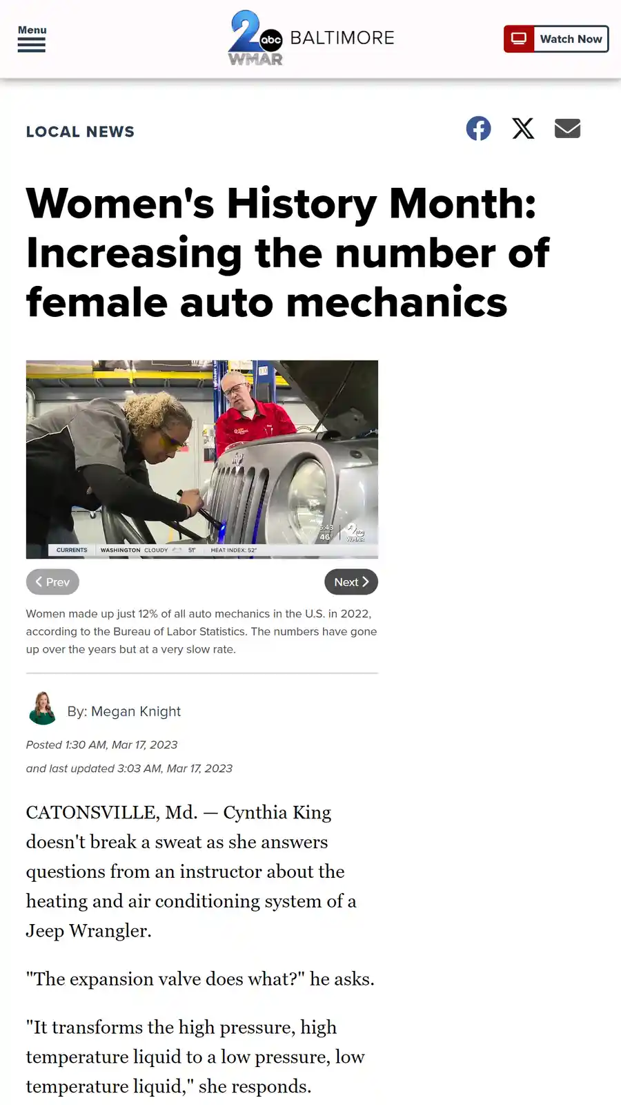 A screenshot of a 2abc Baltimore news article about Women's History Month and increasing female auto mechanics, featuring a…