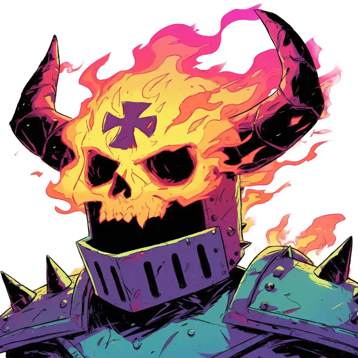 A stylized illustration of a flaming skull wearing a spiked helmet and armor, with bright pink and orange flames erupting…
