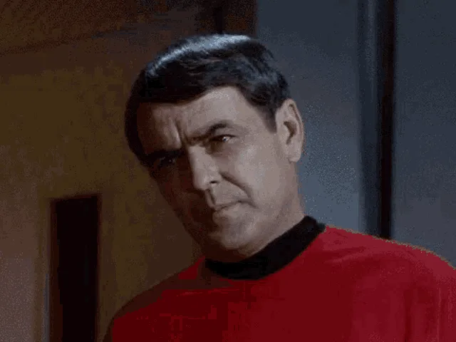 The image displays six panels of the Star Trek character Captain Kirk, played by William Shatner, in his iconic red uniform…